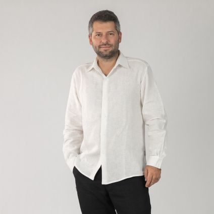Pánská lněná košile s límečkem - BÍLÁ #1